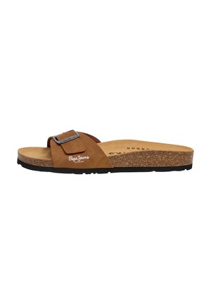 Braune Wildleder-Pantolette mit Korksohle, verstellbarem Metall-Schnallenriemen und "Pepe Jeans London" Logo an der Seite.