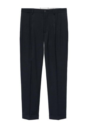 Pantalons navy en tissu à texture lisse, avec des plis avant doubles, une fermeture à bouton et des ourlets retroussés.