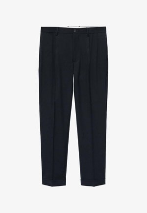 Námornícke nohavice vyrobené z látky s hladkým povrchom, s dvojitými prednými prešívaniami, zapínaním na gombík a manžetami na spodnej časti.