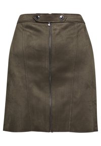 Olivgrüner Wildleder-Minirock mit einem Reißverschluss vorn, zwei dekorativen Knöpfen und einem taillierten Design. Glatte Textur mit klaren Linien.