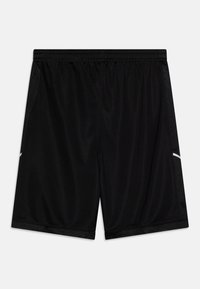 Mustad spordipüksid siledast kangast, millel on veniv vöökoht, külgmised võrgust detailid ja valged rõhutriibud.