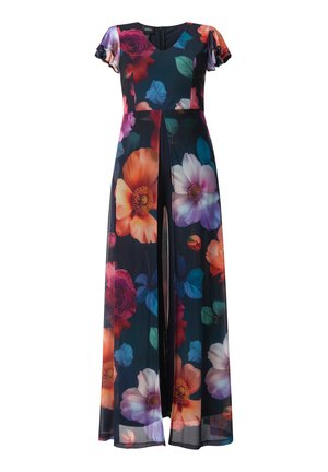 Lange donkere bloemenjurk met korte gerimpelde mouwen, een vooraan gespleten rok en grote kleurrijke bloemen in oranje, paars, roze en groene bladeren.