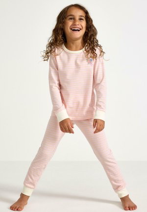 Proužkovaný růžový pyžamový set s dlouhým rukávem a kalhotami. Má krémově zbarvené manžety a vyšívaný květinový detail na vrchní části.
