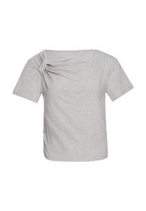 Hellgraues T-Shirt mit kurzen Ärmeln, schulterfreiem Ausschnitt, gerafftem Detail an der linken Schulter und lockerem Schnitt.