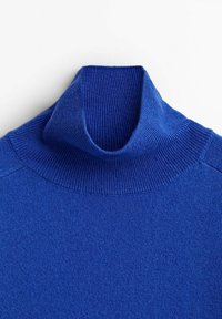 Pull à col roulé bleu en tissu tricoté côtelé. Comprend un col haut et une texture lisse avec une coupe ajustée.