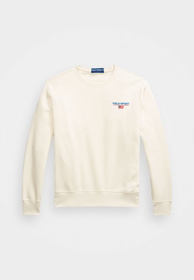 Tricou de culoare crem, confectionat dintr-un material moale, cu guler rotund, mâneci lungi, manșete și tiv ribbate, având un logo colorat "POLO SPORT".