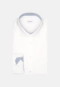 Witte overhemd met een button-down kraag, voorzien van een blauw patroon langs de binnenkant van de kraag en manchetten. Gemaakt van een gladde stof.