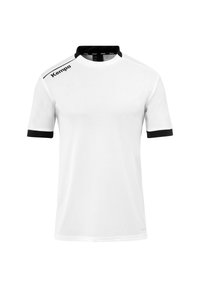 Witte blouse met korte mouwen en zwarte accenten op de kraag en mouwen. Heeft het "Kempa" logo op de linkerschouder. Gladde, lichte stof.