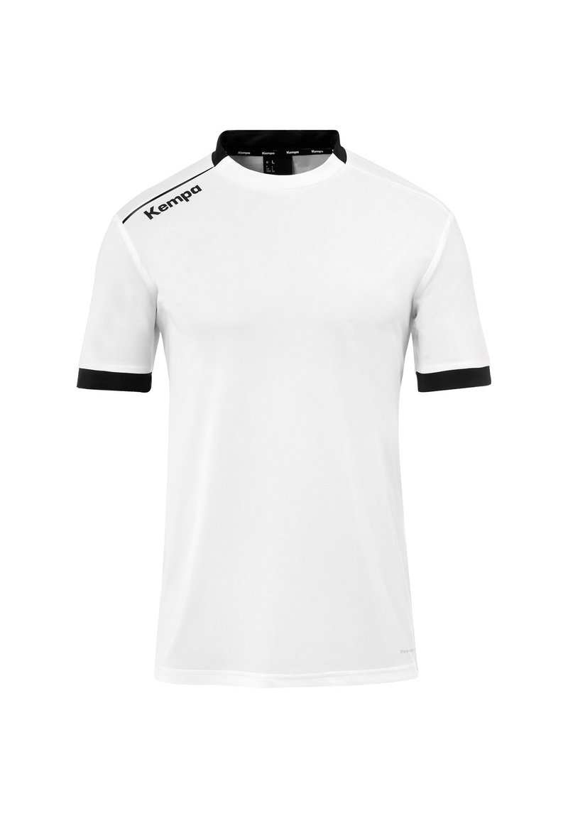 Witte blouse met korte mouwen en zwarte accenten op de kraag en mouwen. Heeft het "Kempa" logo op de linkerschouder. Gladde, lichte stof.
