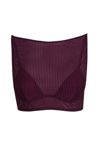 Paarse geribde bralette met een rechte halslijn, zachte cups en een licht rekbaar materiaal. Verticale strepen voegen textuur en design toe.