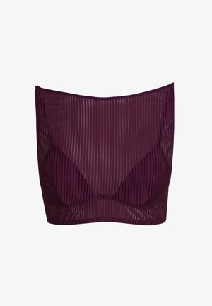 Bralette violet côtelé avec un décolleté droit, des bonnets souples et un tissu légèrement extensible. Des rayures verticales ajoutent de la texture et du design.