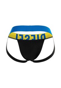 Jockstrap homme noir avec ceinture bleu et jaune présentant un texte bleu inversé et deux sangles élastiques noires pour les jambes.