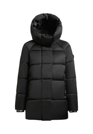Černý péřový kabát s velkou kapucí, prošívaným vzorem a bočními kapsami. Vyrobený z lesklé, hladké látky s volným střihem.