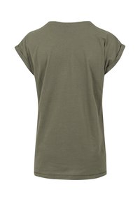 T-shirt vert olive à manches courtes avec un col arrondi et des poignets roulés, fabriqué en tissu doux et léger. Texture lisse, design décontracté.