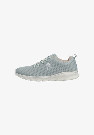 Light gray athletic shoe with a textured mesh upper, white sole, and contrasting laces. Features a loop at the heel for easy wear.