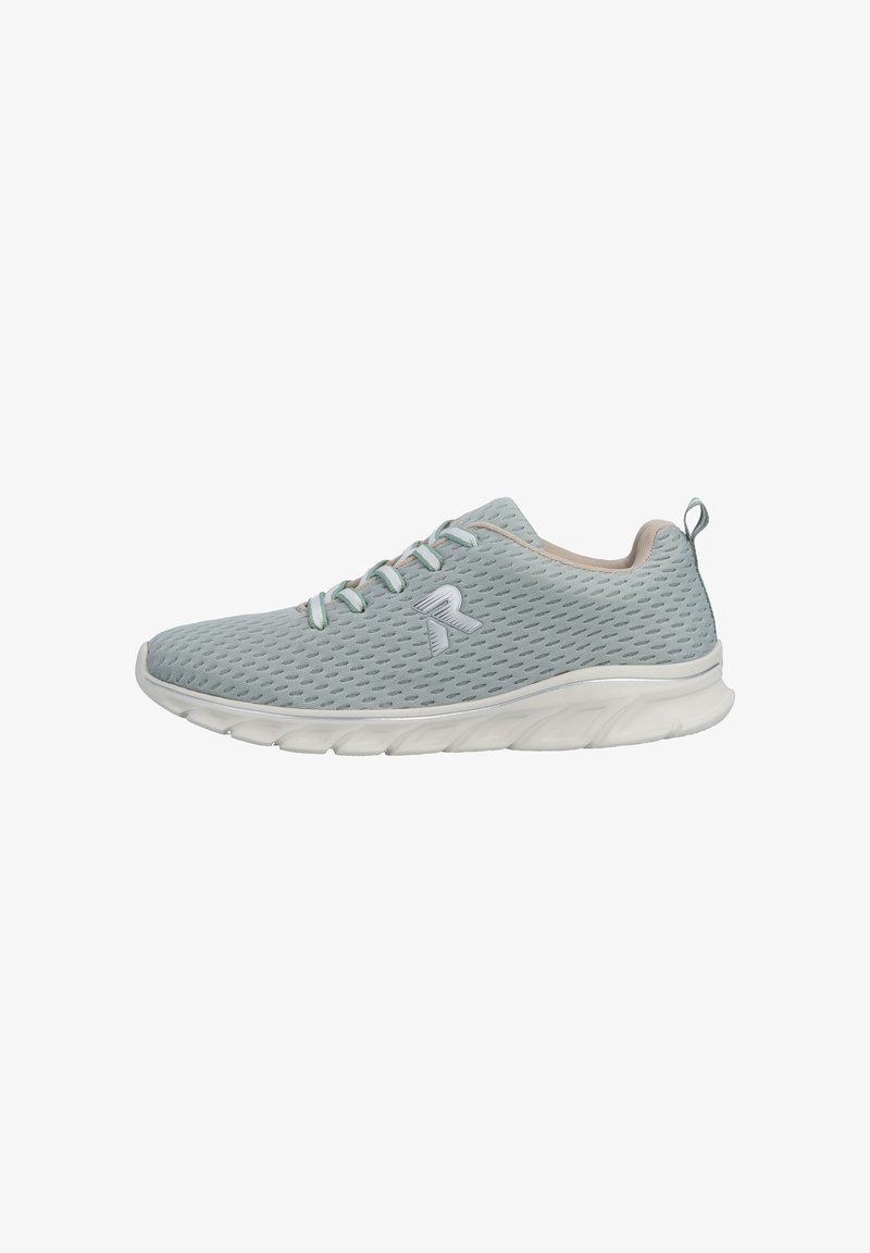 Light gray athletic shoe with a textured mesh upper, white sole, and contrasting laces. Features a loop at the heel for easy wear.