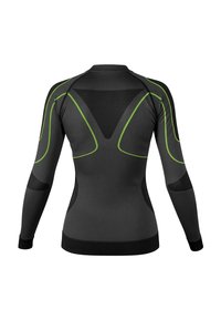 Long-sleeve athletic shirt in black with green accents. Features a fitted design, textured panels, and contrasting fabric on shoulders and sides.