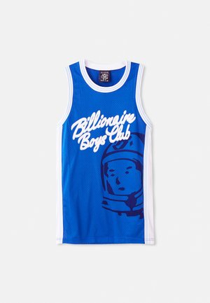 Blaues Netz-Tanktop mit einem weißen „Billionaire Boys Club“-Logo und einer Grafik eines Astronauten. Weiße Ränder entlang der Arme und des Halsausschnitts.