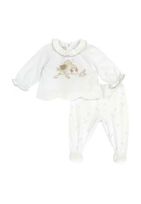 Completo per neonati in cotone bianco a due pezzi, composto da una maglietta a maniche lunghe con colletto arricciato e uccellini ricamati, abbinato a pantaloni a fantasia coordinati.