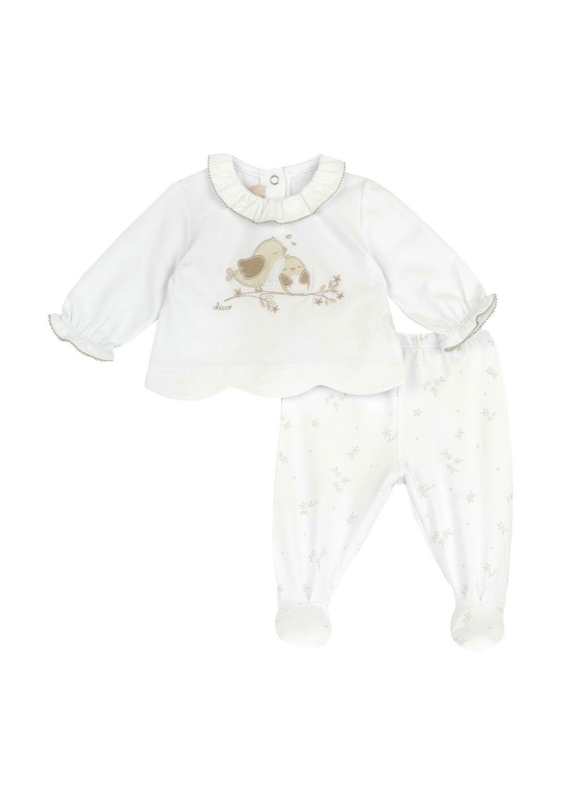 Completo per neonati in cotone bianco a due pezzi, composto da una maglietta a maniche lunghe con colletto arricciato e uccellini ricamati, abbinato a pantaloni a fantasia coordinati.