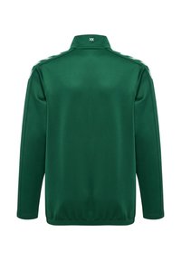 Grøn atletisk jakke med høj krave, lange ærmer og hvide striber på siden. Glat, skinnende stof med en afslappet pasform og kant.