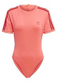 Rosa Adidas baddräkt med korta ärmar, med röda ränder på axlarna och en dragkedja på ryggen. Slät, elastisk tyg.