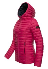 Pink insulated jacket with horizontal quilted design, hood, and two zippered pockets. Features a branded patch on the sleeve. Smooth texture.