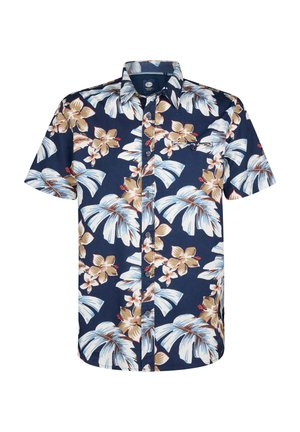Korte mouwen shirt in marineblauw met grote bloem- en loofpatronen in beige, wit en rood. Gemaakt van lichte stof, met knoopsluiting.