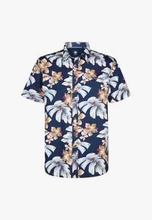 Lyhythihainen paita tummansinisellä taustalla, jossa on suuret kukka- ja lehtikuviot beigeinä, valkoisina ja punaisina. Valmistettu kevyestä kankaasta, joka on varustettu napitus.