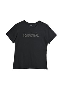 Czarny bawełniany t-shirt z okrągłym dekoltem i krótkimi rękawami. Logo "KAPORAL" w białym i złotym kolorze na przodzie. Prosty, klasyczny design.