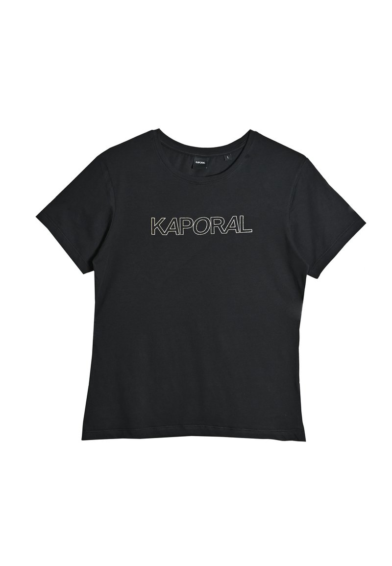 Czarny bawełniany t-shirt z okrągłym dekoltem i krótkimi rękawami. Logo "KAPORAL" w białym i złotym kolorze na przodzie. Prosty, klasyczny design.