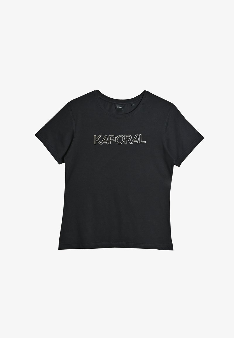 Czarny bawełniany t-shirt z okrągłym dekoltem i krótkimi rękawami. Logo "KAPORAL" w białym i złotym kolorze na przodzie. Prosty, klasyczny design.