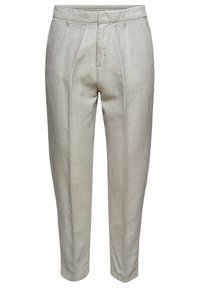 Pantalon en lin beige cintré avec plis devant, passants pour ceinture et fermeture frontale dissimulée.