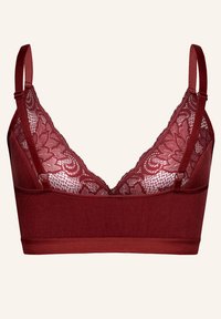 Burgunderfarbene Spitzen-Bralette mit floralen Spitzen-Cups, verstellbaren Trägern und einem weichen, glatten Band mit gewellten Kanten.