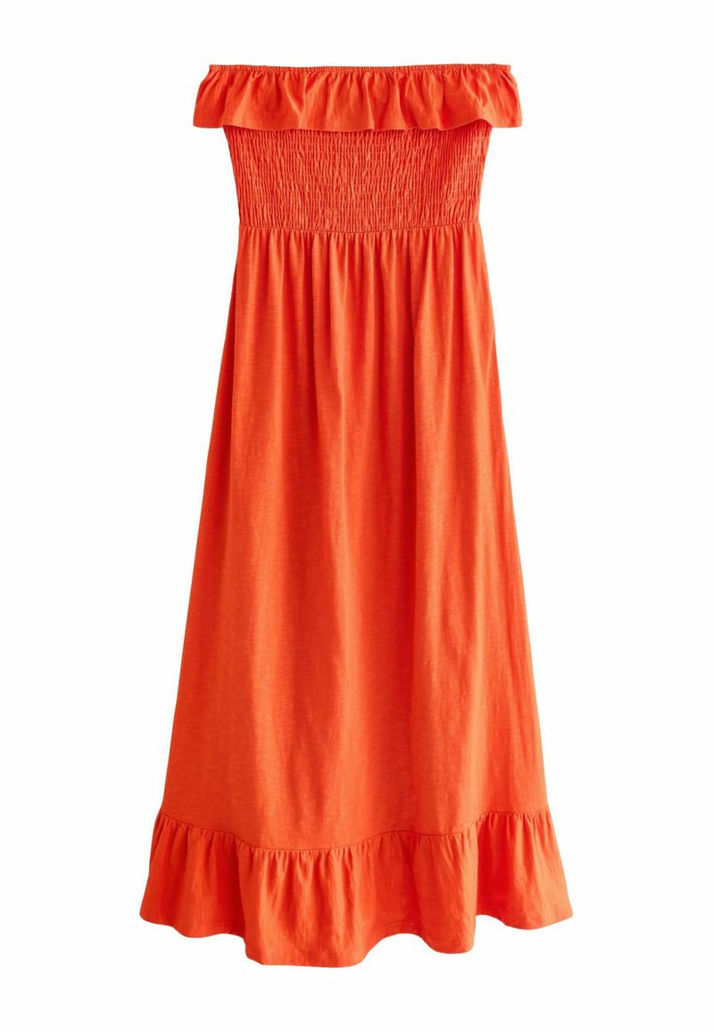 Oranssi off-shoulder-mekko, jossa on smockattu yläosa, virtaava hame ja röyhelöhelma. Valmistettu pehmeästä kankaasta, jolla on sileä rakenne.