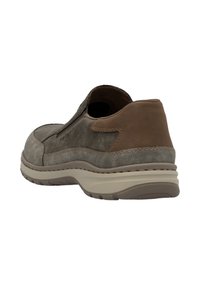 Gray suede slip-on shoe with brown leather accents. Features a cushioned sole and stitched detailing along the seams. Rear view.