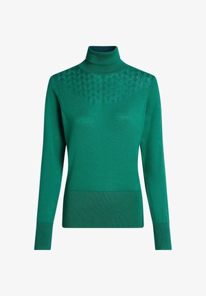 Suéter verde de cuello alto tejido, con puños y dobladillo acanalados. Presenta un detalle texturizado en la parte delantera superior. Fabricado en tela suave.