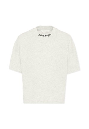 Lichtgrijs T-shirt met korte mouwen en zwarte "Palm Angels"-tekst gedrukt langs de hoge hals.