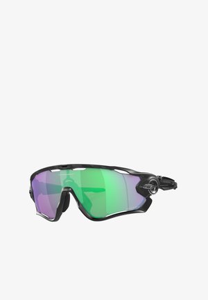 Sport sunglasses with a black plastic frame and large, curved lenses in green and purple gradient, featuring adjustable nose pads and side accents.