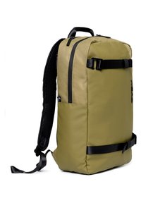 Olive-green backpack with a rectangular design, featuring black straps, zippers, and adjustable side buckles. Textured back panel for comfort.