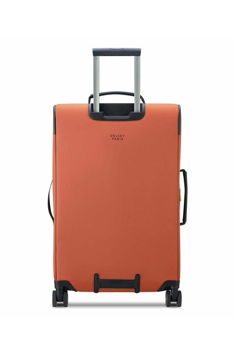 Orange Hartschalenkoffer mit einem ausziehbaren Aluminiumgriff, schwarzen Akzenten, einem Seitengriff und vier Rädern für Mobilität.