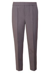 Pantalon gris sur mesure avec une ceinture élastique, présentant deux plis verticaux et une coupe slim. Fabriqué en tissu lisse et léger.
