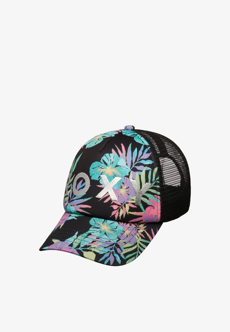 Gorra de béisbol negra de malla con estampado floral tropical colorido y letras plateadas "ROXY" en el panel frontal.