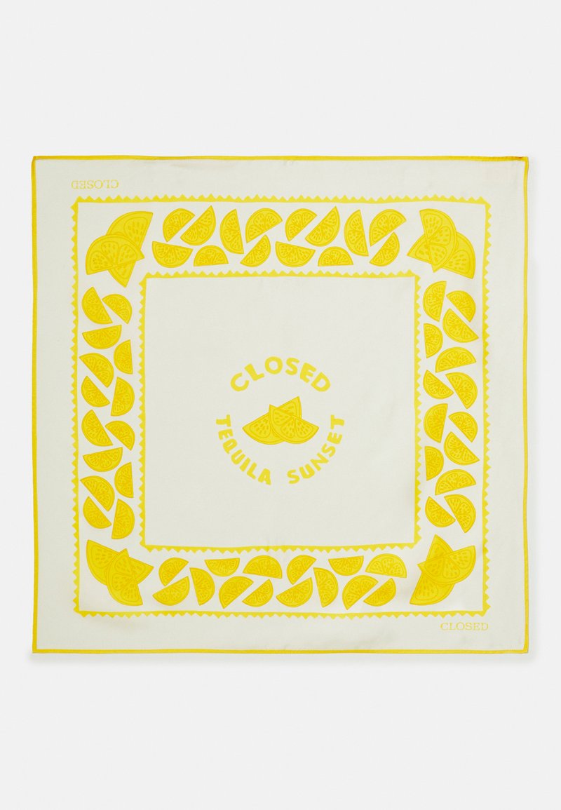 Yellow bandana featuring a lemon slice pattern along the border and the text "CLOSED TEQUILA SUNSET" in the center. Cotton fabric.