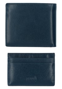 Ciemnoniebieski skórzany portfel o designie typu bi-fold, gładkiej fakturze, z wieloma przegródkami na karty oraz wytłoczonym logo zabezpieczenia RFID z tyłu.