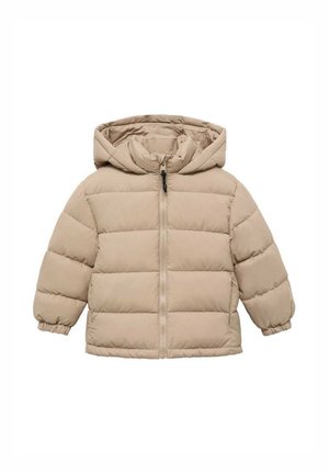 Beige puffer jacket with hood, front zipper, and elasticated cuffs designed for warmth and comfort.
