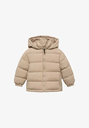 Beige Daunenjacke mit Kapuze, Frontreißverschluss und elastischen Bündchen, entworfen für Wärme und Komfort.