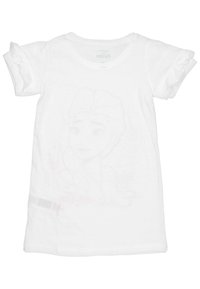 Witte katoenen t-shirt met korte gerafelde mouwen, voorzien van een vage afbeelding van een vrouwelijke figuur op de voorkant en een ronde halslijn.