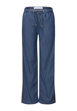 Denim wide-leg trousers with a drawstring waist, featuring red side stripes. The fabric has a smooth texture and a dark blue color.
