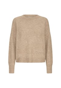 Beżowy sweter dziany z okrągłym dekoltem, ściągaczami na końcach rękawów oraz dolnej krawędzi. Charakteryzuje się lekko luźnym krojem i miękką teksturą.
